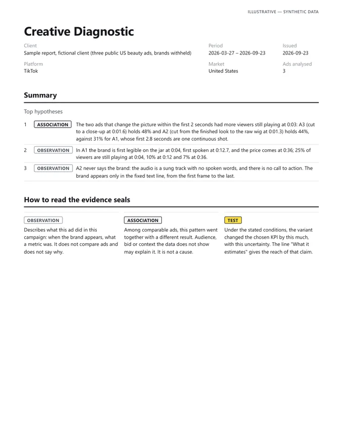 Page 1 of the sample report: summary, top hypotheses and how to read the evidence seals
